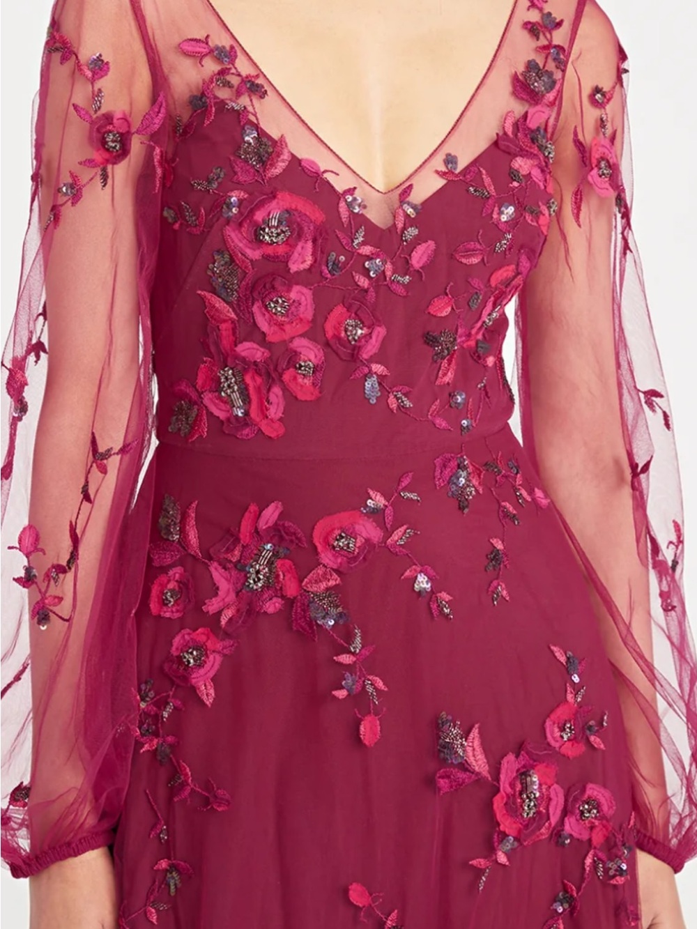 Theia Rose-Motif Long Sleeve Tulle Gown in Wine - Picture 2 of 5